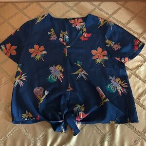 Blue Blouse with Tropical Flower Pattern